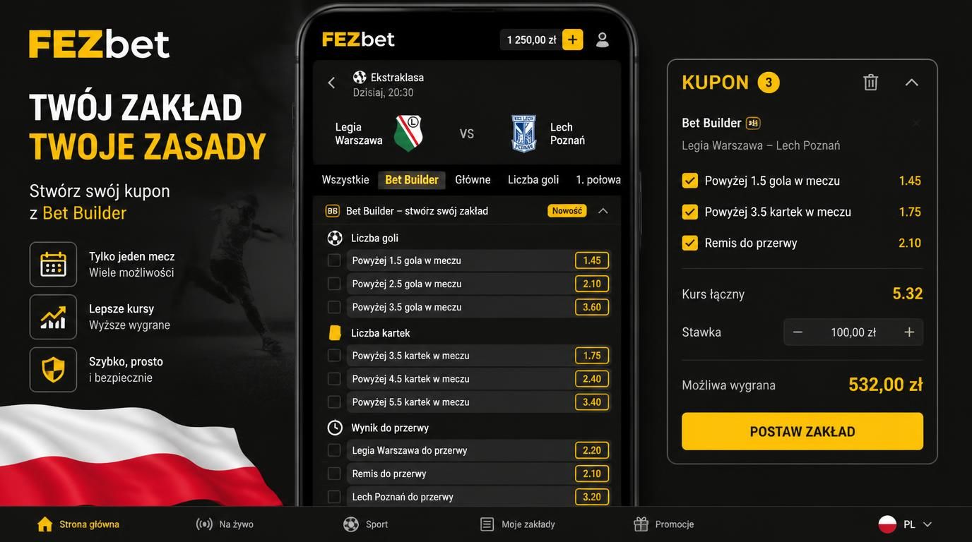Interfejs Bet Builder z różnymi rynkami z jednego meczu