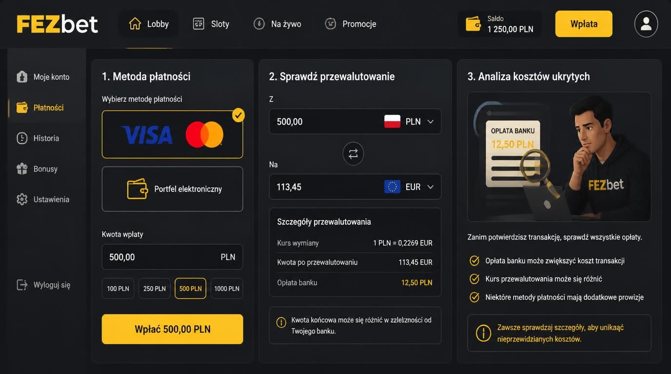 Ekran kasyna pokazujący opłaty i przewalutowanie