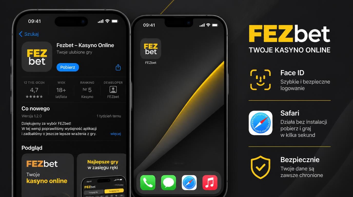 iPhone pokazujący aplikację Fezbet w App Store i skrót na ekranie głównym.