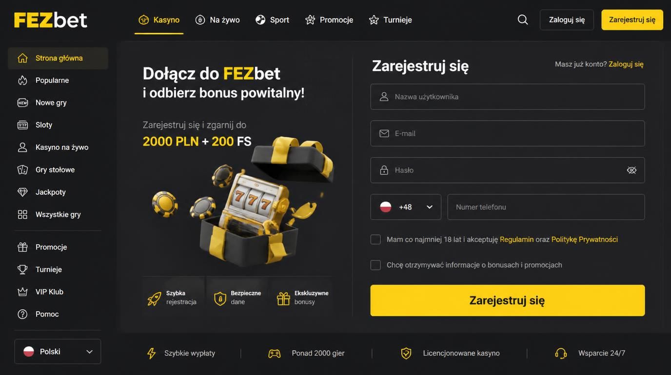 Interfejs z dużym przyciskiem rejestracji i jasnym formularzem.