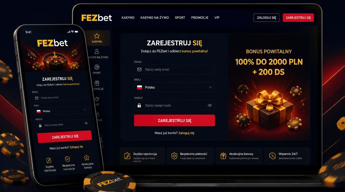 Interfejs rejestracji Fezbet z Polski – formularz, wybór kraju, urządzenie mobilne.