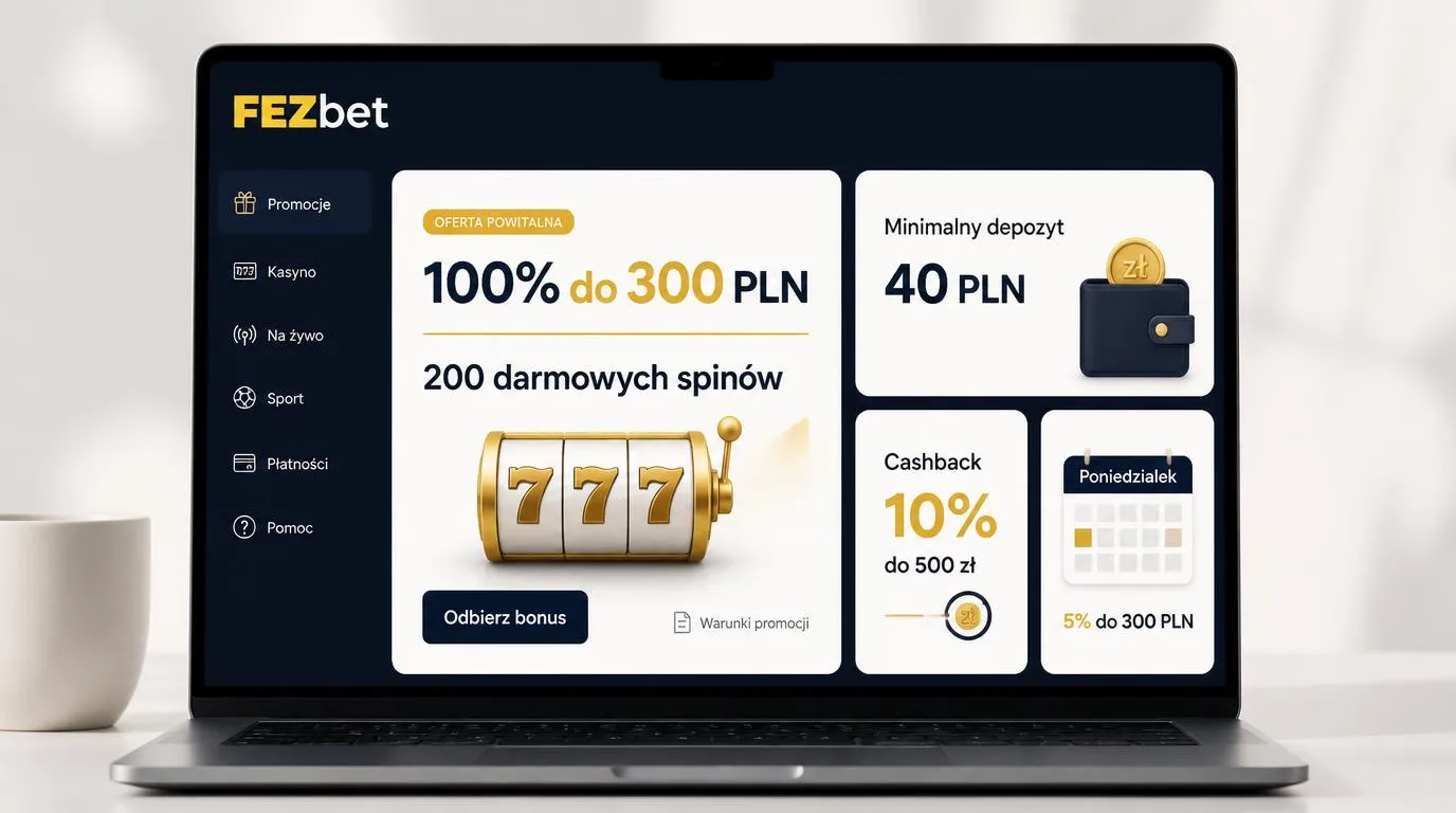 Panel promocji kasyna z bonusem 100% do 300 PLN, 200 spinami i minimalnym depozytem 40 PLN