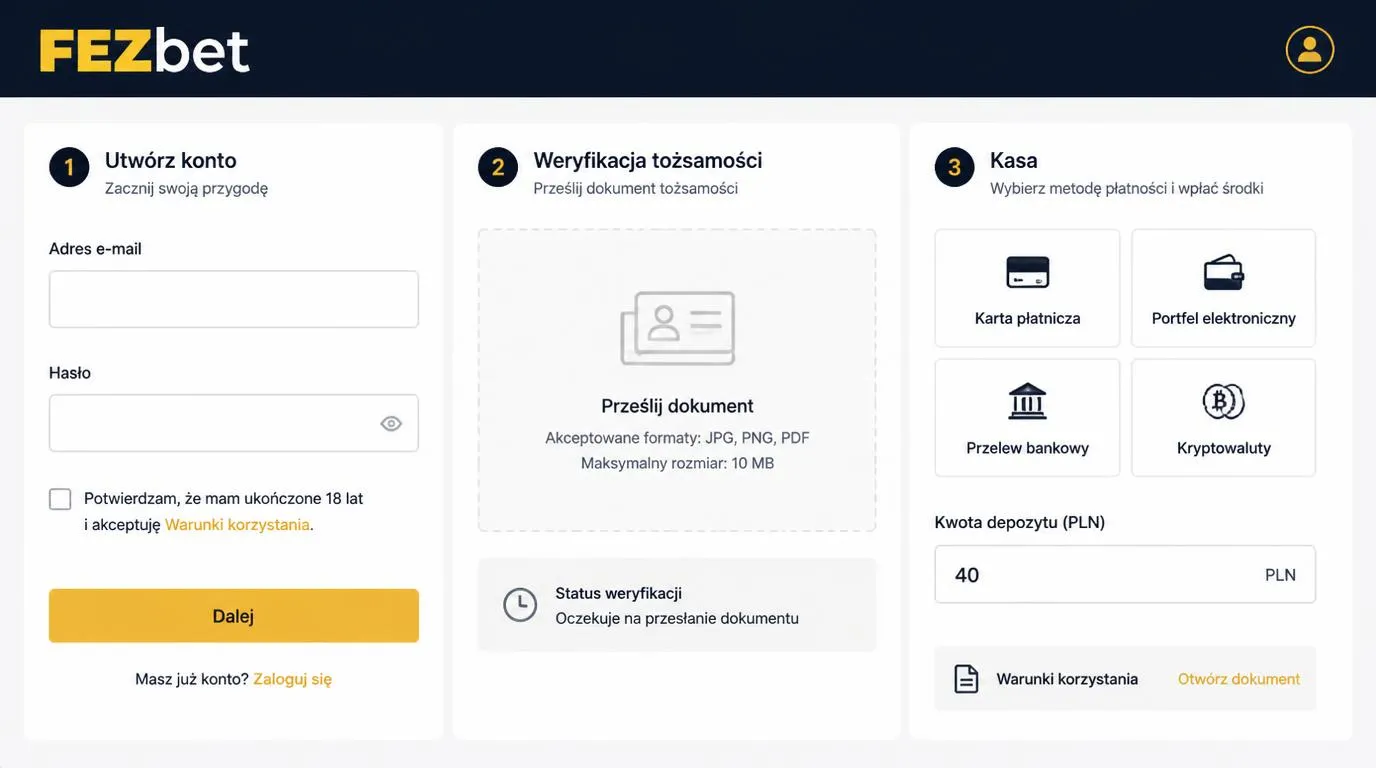 Panel rejestracji, weryfikacji tożsamości i wyboru płatności w kasie kasyna