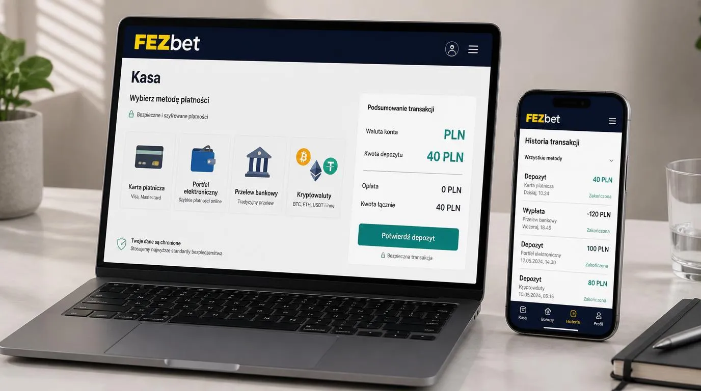 Panel kasjera w PLN z wyborem karty, portfela elektronicznego, przelewu i kryptowalut