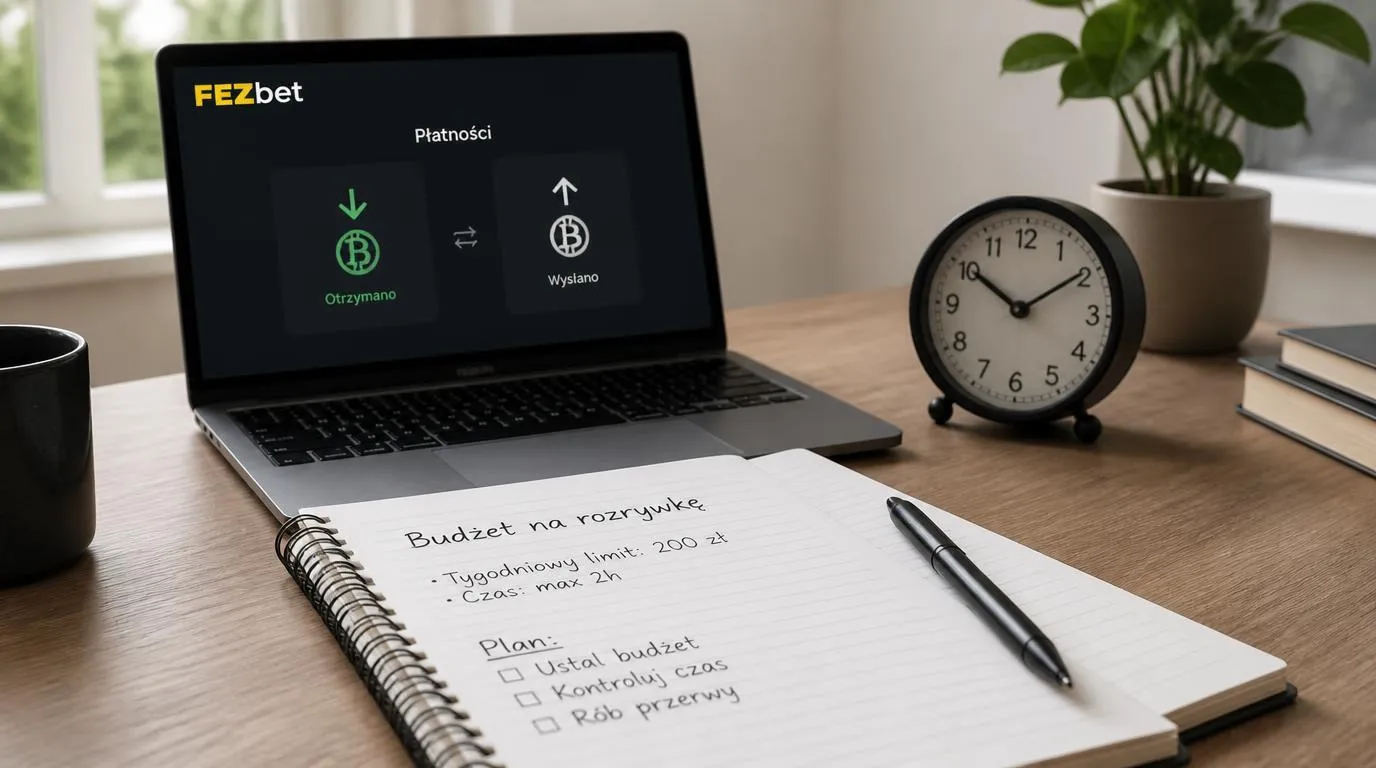 Notatnik z budżetem na rozrywkę, zegar i laptop z symbolami płatności kryptowalutowych